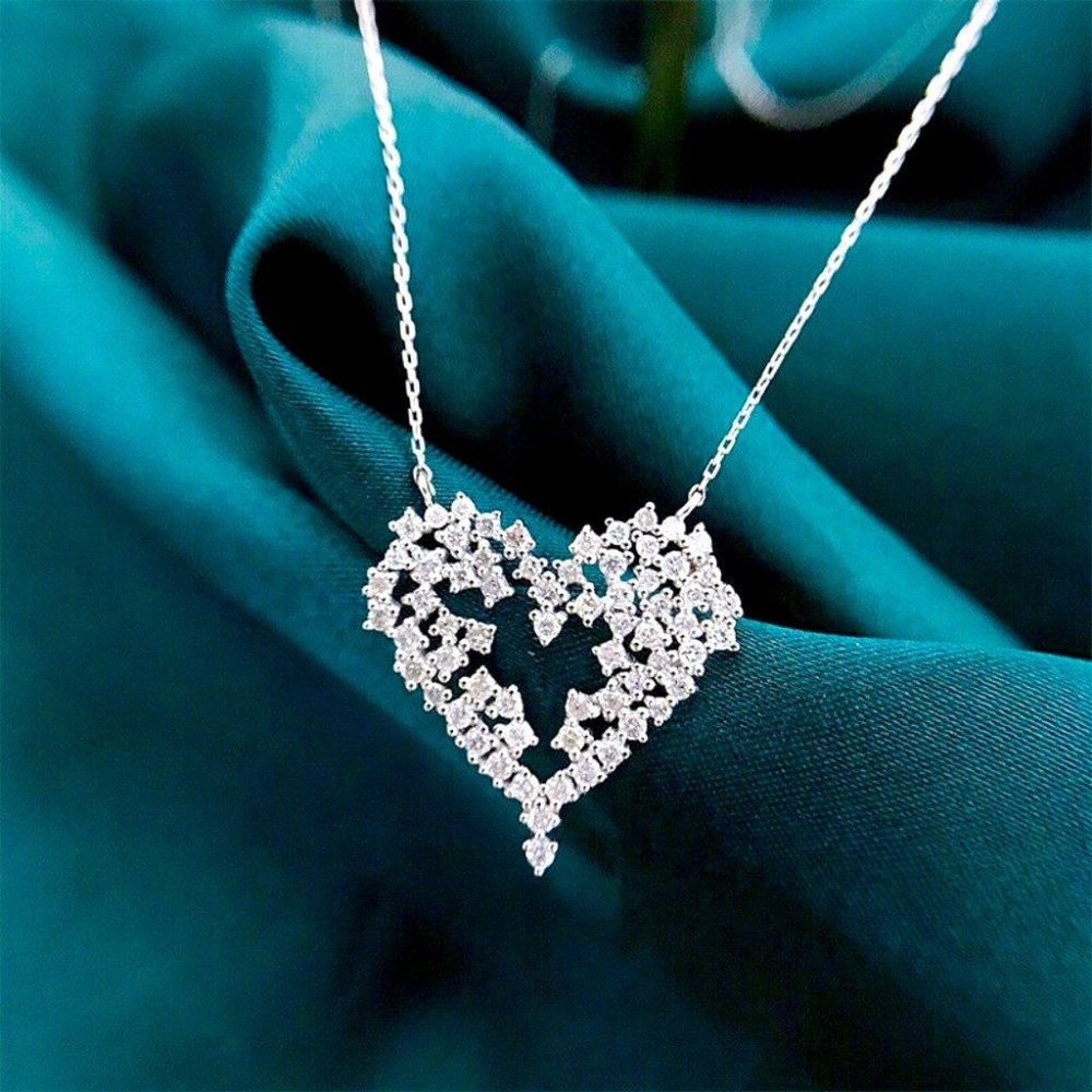 New Stunning 925 Silver Diamond Lace Heart Necklace